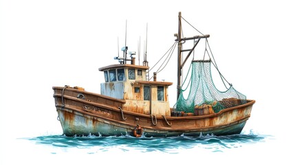 Fototapeta premium a 2D cartoon illustration of a fishing boat at sea with nets, working and traditional, white background--ar 16:9