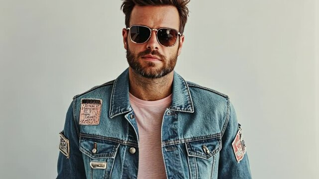 Stylish Man in Denim Jacket and Sunglasses
