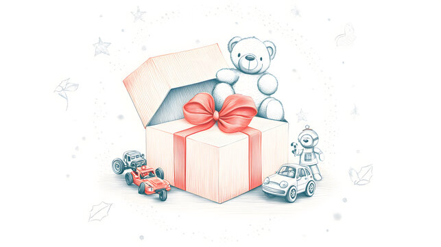 detailed line art illustration of a large gift box with a red ribbon tied into a beautiful bow. The box lid is open, revealing a collection of children's toys inside