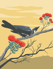 WPA poster art of tui or Prosthemadera novaeseelandiae, a medium-sized bird native to New Zealand perching and feeding on pohutukawa Metrosideros excelsa flower done in works project administration.
