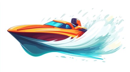 a 2D cartoon illustration of a racing boat speeding through the water, thrilling and fast, white background--ar 16:9