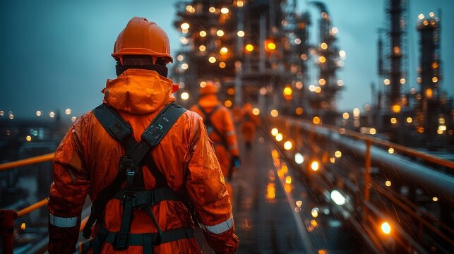 A worker in safety gear navigates through a refinery at dusk, illuminated by soft lights.