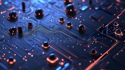 Close-up of a circuit board with metallic spheres.