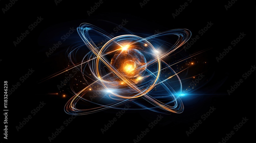 Poster create a detailed visualization of an atom's electron cloud