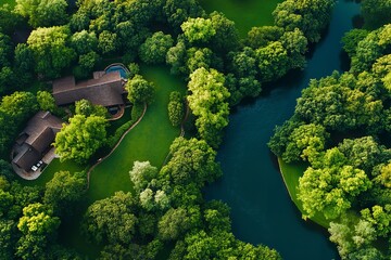 An aerial view reveals a serene landscape featuring a river winding through dense greenery. A secluded house sits amid vibrant trees, creating a peaceful retreat