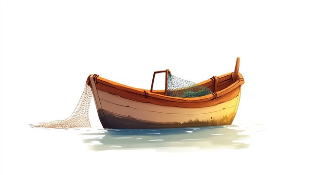 a 2D cartoon illustration of a small fishing boat with nets, calm and traditional, white background--ar 16:9