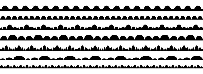 Wavy repeating pattern border collection. Scallop shape frame set for decoration, banner, poster, design. Wave edge seamless stripes for divide and separate. Vector black repeated squiggle stroke pack