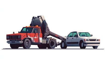 Fototapeta premium a 2D cartoon illustration of a tow truck towing a car, roadside assistance, white background--ar 16:9