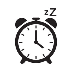 black and white graphic of an alarm clock with a snooze button, symbolizing sleep and morning routines