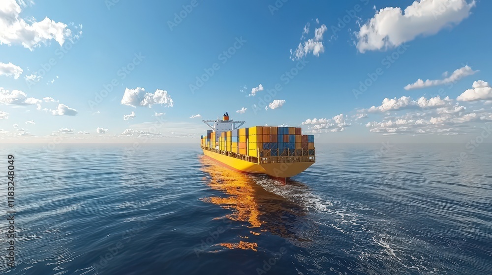 Poster create an image of a large container ship navigating through calm ocean waters