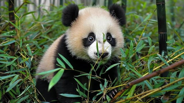 Baby panda among bamboo stalks in a misty forest, its black and white fur contrasting with the green surroundings. The panda appears curious. ai