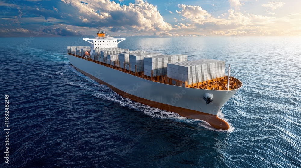 Poster create an image of a large container ship navigating through calm ocean waters