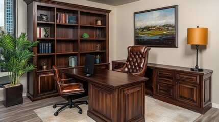 Elegant executive office with a large wooden desk, leather chair, and bookshelf, 