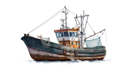Naklejka premium a 2D cartoon illustration of a fishing boat at sea with nets, working and traditional, white background--ar 16:9
