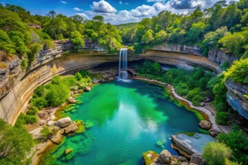 Obraz premium Escape to Hamilton Pool Preserve: a Texas Hill Country oasis with stunning waterfall, swimming hole, and breathtaking aerial views.