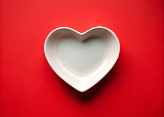 Minimalist Valentine's Day Baking Dish: Red Background, White Plate, Heart-Shaped Treat