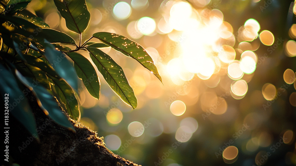 Poster sunlight filtering through leaves creates a mesmerizing bokeh effect in the forest