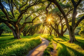 Fototapeta premium Explore scenic trails, photograph summer's vibrant nature. Grassy paths wind through woodlands, a nature reserve's beauty unfolds.