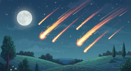 A meteor shower illustrated in a whimsical, storybook style, with glowing streaks of light cascading over a serene moonlit landscape, magical and enchanting