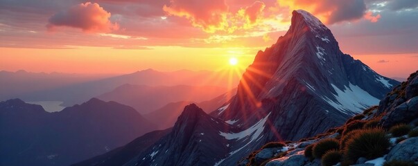 Radiant light on rugged mountain peak at sunrise, mountain, freedom, landscape