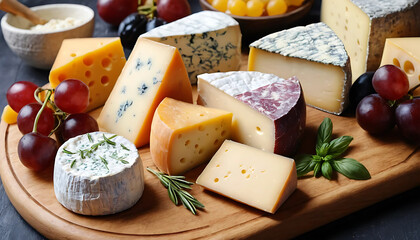 A close-up photo of an assortment of delicious cheeses, beautifully arranged on a wooden board , cheese, national cheese day