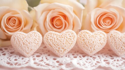 Delicate Lace Hearts Resting Among Peach Roses