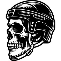 Human skull wearing protective hockey helmet side view in monochrome. Simple minimalistic vector in black ink drawing on transparent background