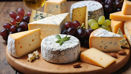A close-up photo of an assortment of delicious cheeses, beautifully arranged on a wooden board , cheese, national cheese day