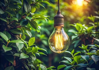 Minimalist Vintage Light Bulb in Lush Greenery - Stock Photo