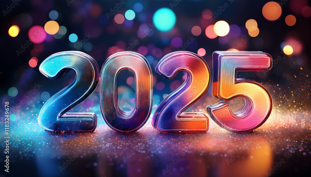 Poster a vibrant representation of the year 2025, featuring colorful, illuminated numbers against a sparkli