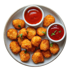 Plate of chicken nuggets with ketchup and parsley isolated on transparent or white background.