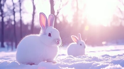 Obraz premium Winter Wonderland Two White Rabbits in Snow