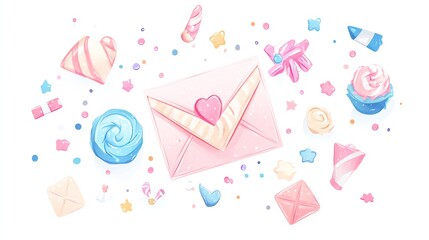 a 2D cartoon illustration of a handmade greeting card with glitter and stickers, fun and crafty, white background--ar 16:9