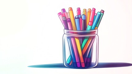 Fototapeta premium a 2D cartoon illustration of a bundle of colorful markers in a jar, artistic and fun, white background--ar 16:9