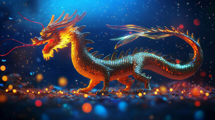 Obraz premium Red Dragon Amidst Lanterns and Fireworks, Chinese Dragon with Lanterns, Lunar New Year, raditional symbols like lanterns, dragons, and firecrackers, with the Zodiac animal 