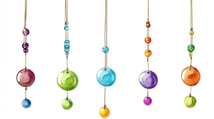 a 2D cartoon illustration of a homemade wind chime with beads and strings, whimsical and creative, white background--ar 16:9