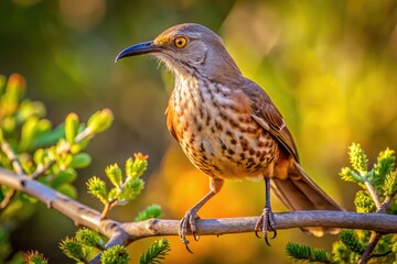 Southwest aerial view: Curve-billed Thrasher perched on a desert cactus, showcasing avian wildlife.