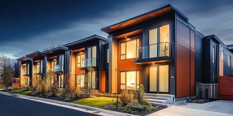 Modern townhouses, architectural design, twilight scene, warm glowing windows, contemporary facades, geometric shapes, urban residential development, blue hour lighting, symmetrical composition, minim