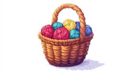 a 2D cartoon illustration of a knitting basket filled with yarn balls, cozy and creative, white background--ar 16:9