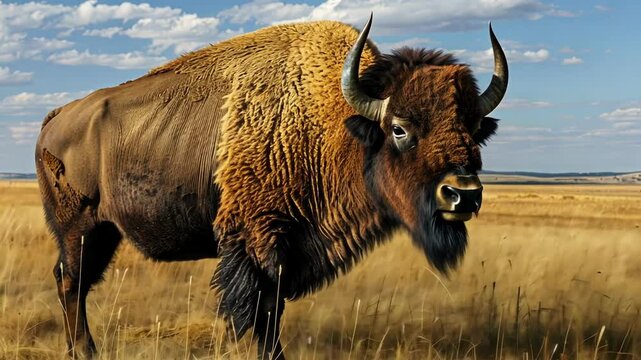 American bison in a golden prairie, facing the camera under a blue sky. ai