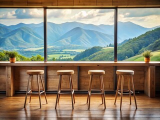 Minimalist Wooden Bar & Mountain View: Rustic Seating with Panoramic Landscape