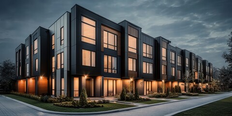 Modern townhouses, architectural design, twilight scene, warm glowing windows, contemporary facades, geometric shapes, urban residential development, blue hour lighting, symmetrical composition, minim