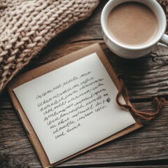 A cozy flat lay with knitting tools, yarn, a cup of hot chocolate, and a handwritten note on a rustic wooden background.
