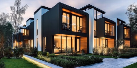 Modern townhouses, architectural design, twilight scene, warm glowing windows, contemporary facades, geometric shapes, urban residential development, blue hour lighting, symmetrical composition, minim