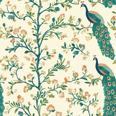 Fototapeta premium A vibrant pattern featuring peacocks and floral elements on a light background, showcasing intricate botanical designs. seamless pattern 