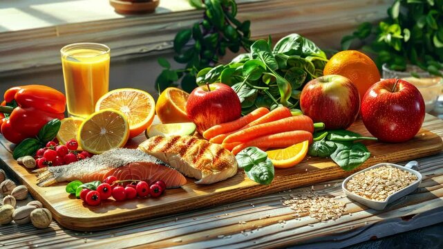 Assortment of healthy foods on a wooden surface, showcasing a balanced diet.