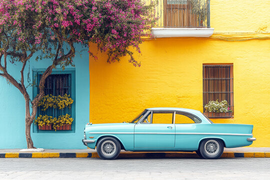 A vintage turquoise car parked beside a vibrant yellow wall adorned with flowers and a blue wall, showcasing colorful architecture.
