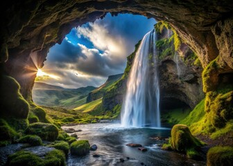 Dramatic Sk&uacute;tafoss waterfall plunges into a cave, showcasing Iceland's Hofn landscape's raw beauty.