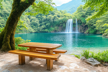 Obraz premium A tranquil scene featuring a wooden picnic table by a clear lake, surrounded by lush greenery and a cascading waterfall in the background.