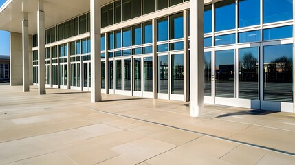 Modern European shop exterior with sleek architectural design, neutral tones, and abundant copy space, highlighted by natural light and a clean, minimalistic aesthetic